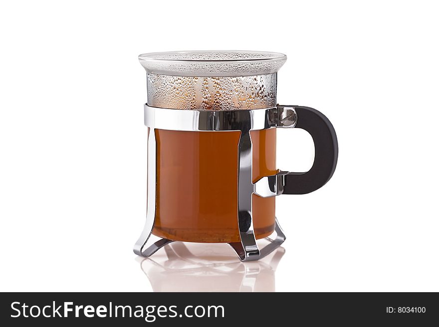 Transparent cup of tea with watter drops isolated on white background. Transparent cup of tea with watter drops isolated on white background