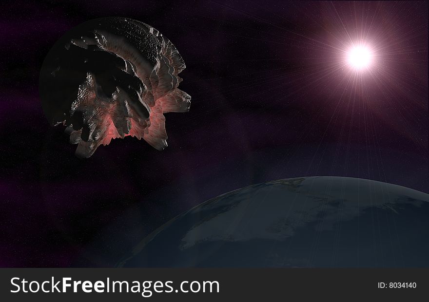 3d render of a space scene with dying moon, earth and the Sun.