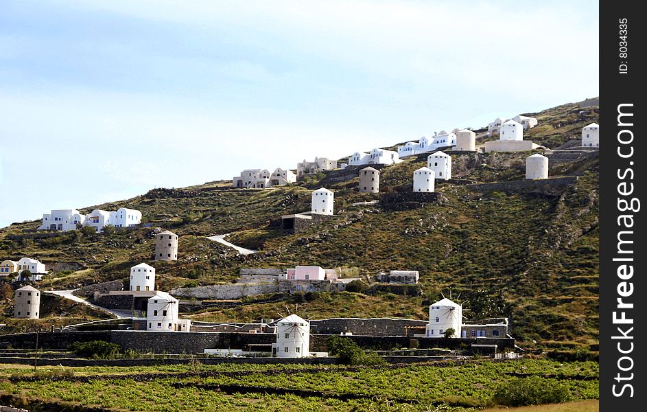Hill with mills on Santorini island