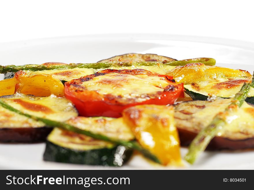 BBQ Eggplant and Tomato under Sabayon Suace with Fried Green Asparagus