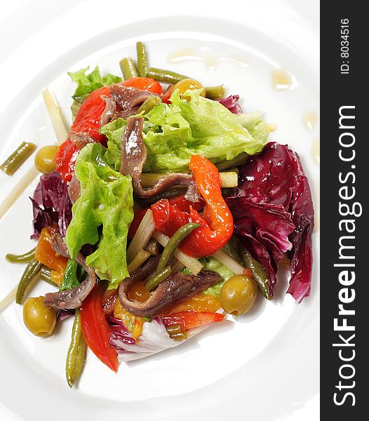 Salad with Anchovy, Olive and Vegetable Leaf