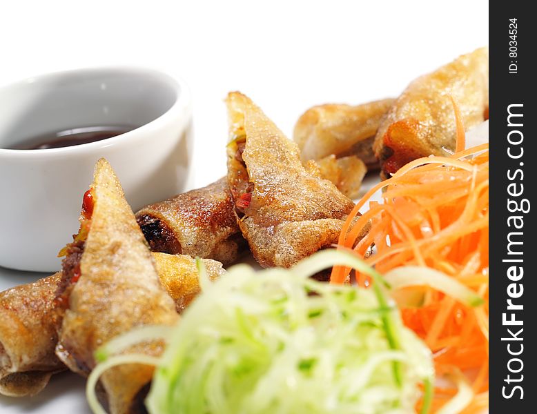 Beef Rolls with Vegetable Julienne and Sauce. Isolated on White Background