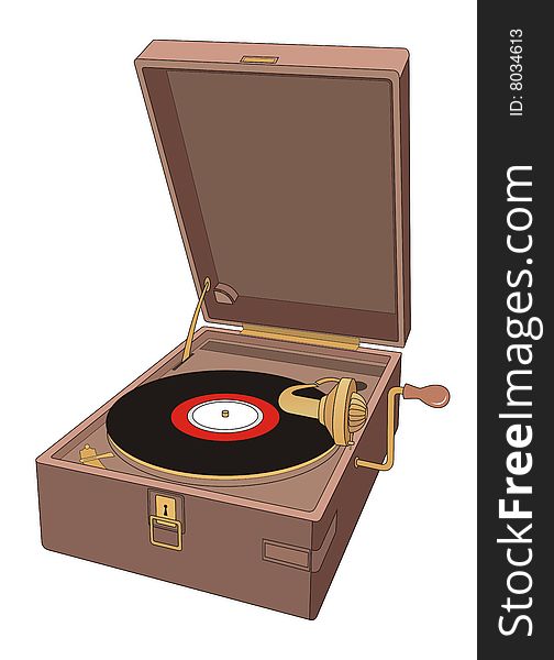 The drawing of an old player of vinyl disks. It consists of lines of various width. On a player the old disk lies. The drawing of an old player of vinyl disks. It consists of lines of various width. On a player the old disk lies.