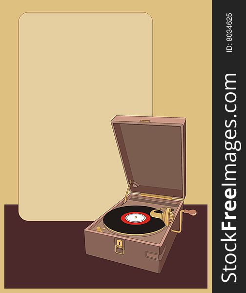 The drawing of an old player of vinyl disks. It consists of lines of various width. On a player the old disk lies. The drawing of an old player of vinyl disks. It consists of lines of various width. On a player the old disk lies.