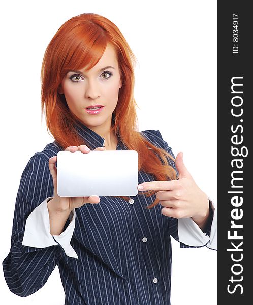 Woman with blank businesscard on white. Woman with blank businesscard on white