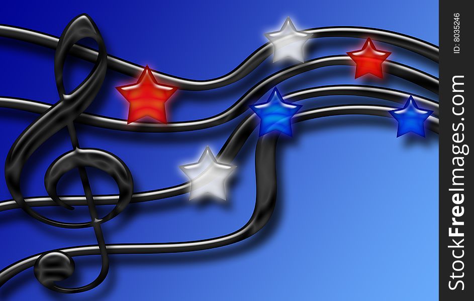 Music staff with red white and blue stars as notes. Music staff with red white and blue stars as notes