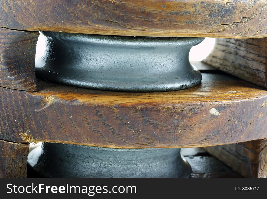 Antique block and tackle pulleys.