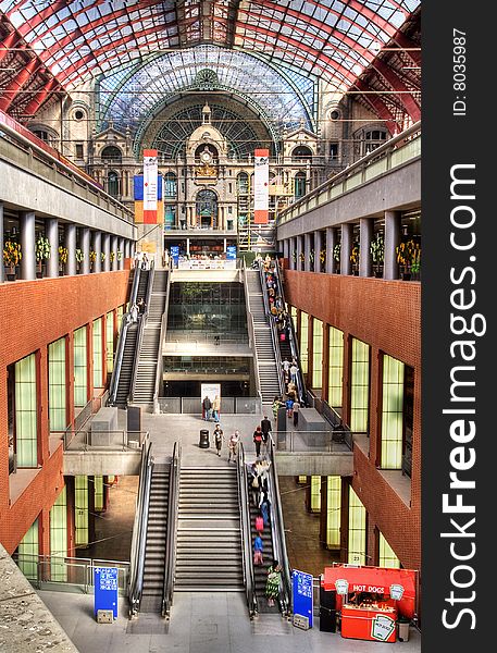 Central Railroad Station of Antwerpen, Belgium. Facility with three levels of railroad tracks and passenger platforms. Central Railroad Station of Antwerpen, Belgium. Facility with three levels of railroad tracks and passenger platforms