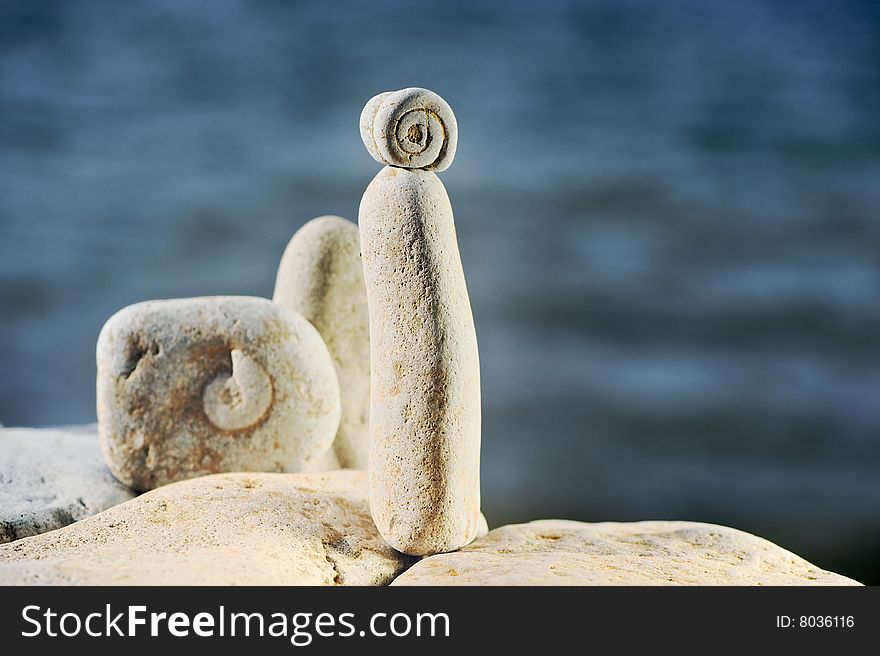 Sea pebble with fossilized cockleshells against ocean. Sea pebble with fossilized cockleshells against ocean