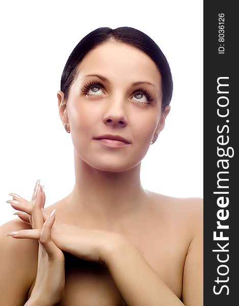 Close-up portrait of cheerful young adult girl - looking up. Close-up portrait of cheerful young adult girl - looking up