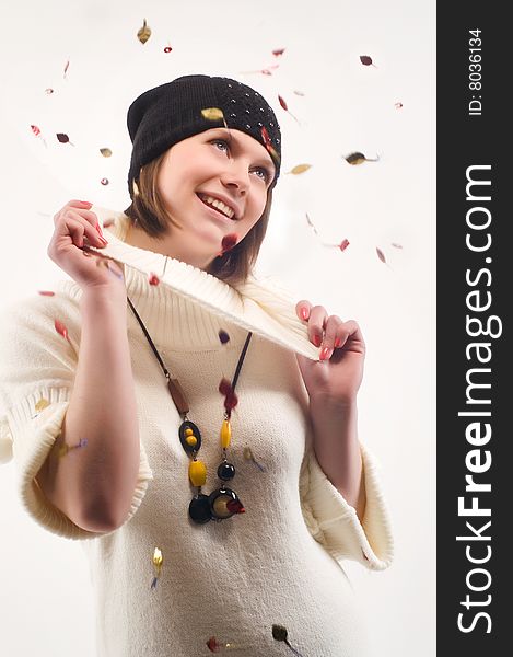 Winter portrait of the beautiful young surprised smiling woman. Winter portrait of the beautiful young surprised smiling woman