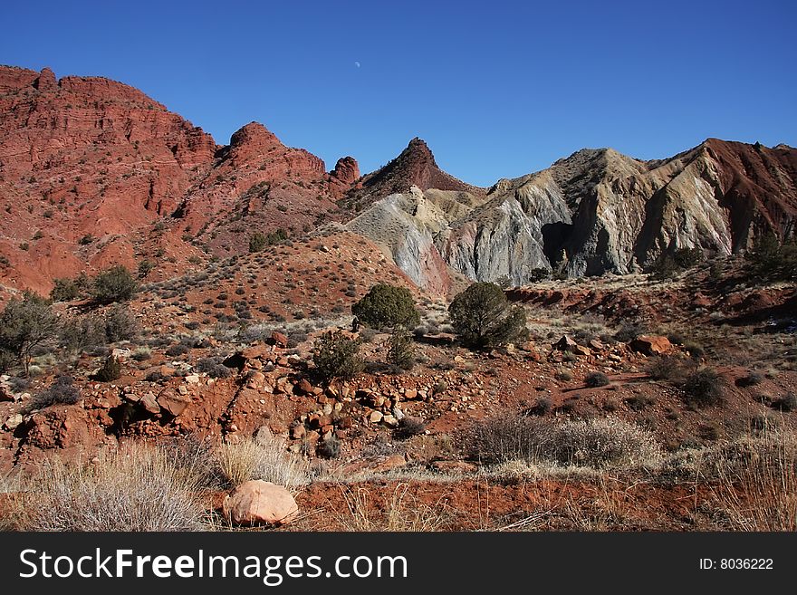 View of the red rock formations in Canyonlands National Park with blue sky�s. View of the red rock formations in Canyonlands National Park with blue sky�s