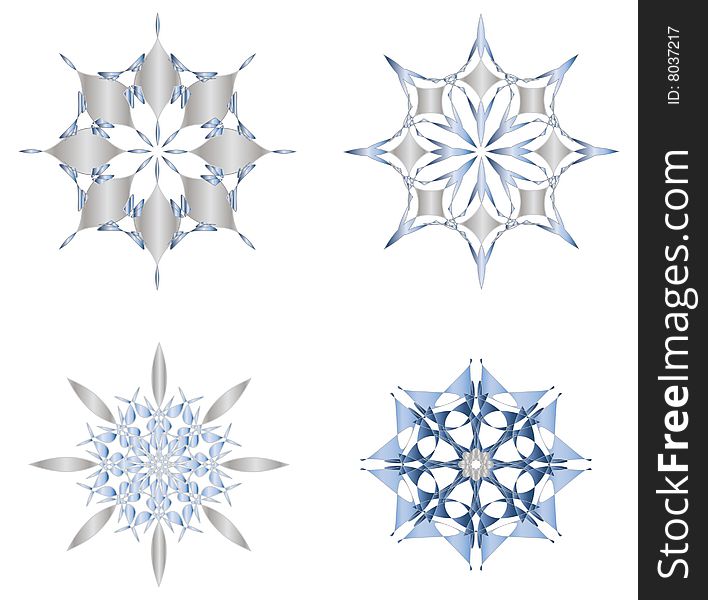 Four detailed snowflakes, vector file allows easy recoloring and sizing.