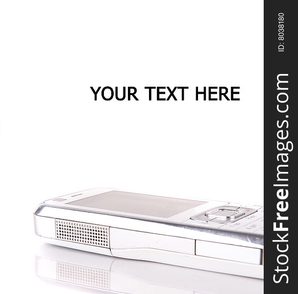 Isolated shot of a white cell phone. The phone is mirrored and isolated over pure white. Lot of copyspace. Isolated shot of a white cell phone. The phone is mirrored and isolated over pure white. Lot of copyspace.