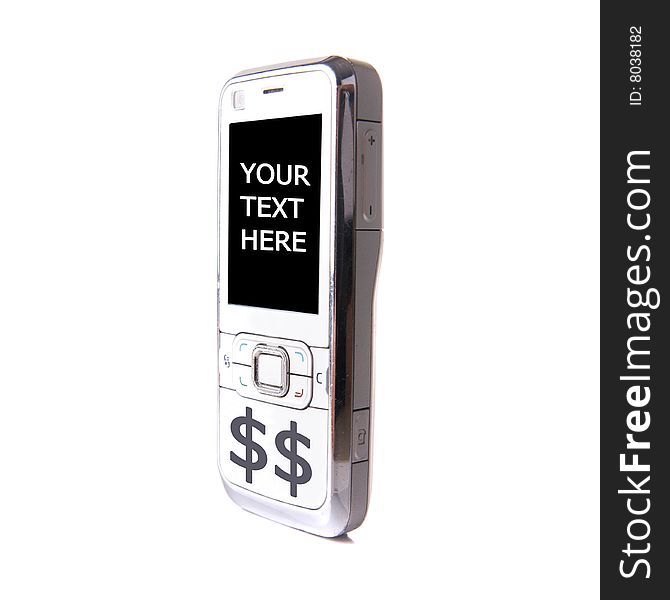 Isolated shot of a white cell phone. The phone's keys have been replaced by one Dollar button. Lot of copyspace. Isolated shot of a white cell phone. The phone's keys have been replaced by one Dollar button. Lot of copyspace.