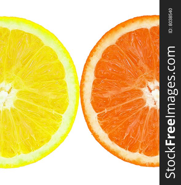 A perfectly round coloured orange slice isolated on a white background. A perfectly round coloured orange slice isolated on a white background