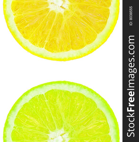 A perfectly round coloured orange slice isolated on a white background. A perfectly round coloured orange slice isolated on a white background