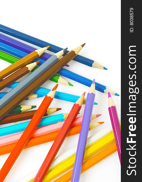 Closeup of colorful pencils on white