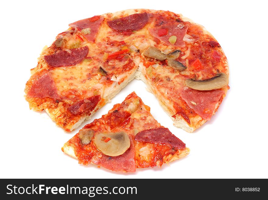 pizza with cut off piece under the light background