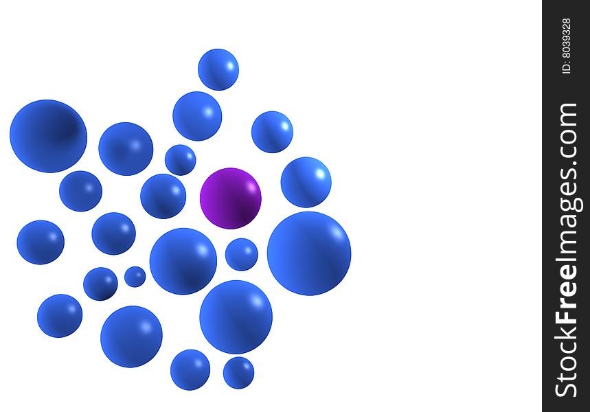 A selection of blue spherical Bubble on a white background amongst which is a standing out Violet sphere. A selection of blue spherical Bubble on a white background amongst which is a standing out Violet sphere