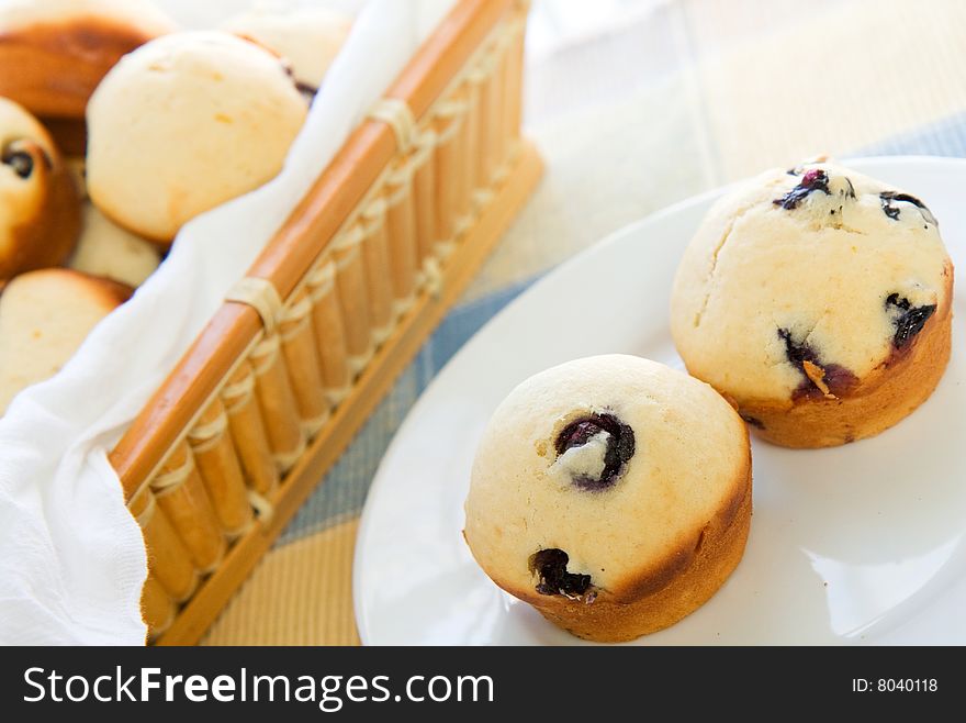 Delicious blueberry muffins in a sunny breakfast setting. Delicious blueberry muffins in a sunny breakfast setting