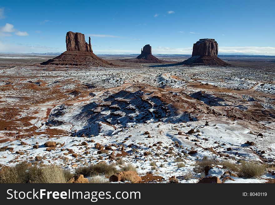 Monument Valley, Utah in winter with snow/frost on the ground