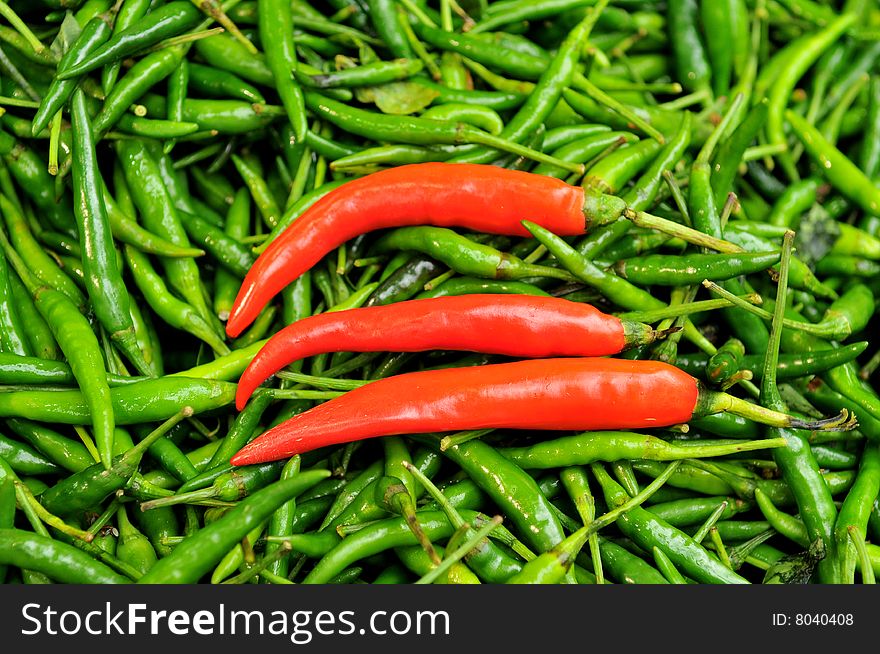 Green and red chillies in the markets