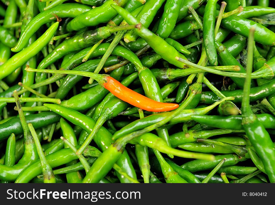 Green and red chillies in the markets