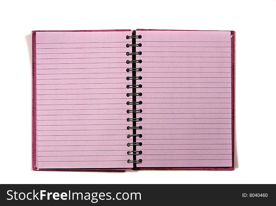 Pink notebook with lined paper isolated on white background