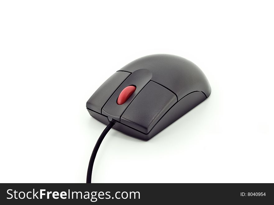 Close up of a black computer mouse with a red wheel button isolated on white. Close up of a black computer mouse with a red wheel button isolated on white