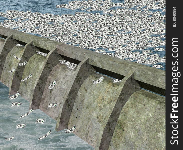 3d render of a dam with money stock or about to flow. 3d render of a dam with money stock or about to flow.