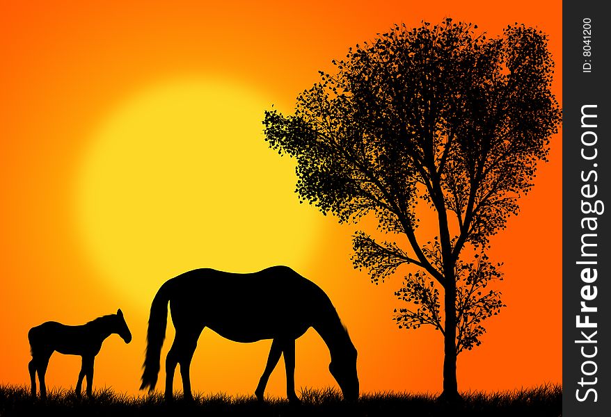 Horse and colt pasturing against a colorful sunset. Horse and colt pasturing against a colorful sunset