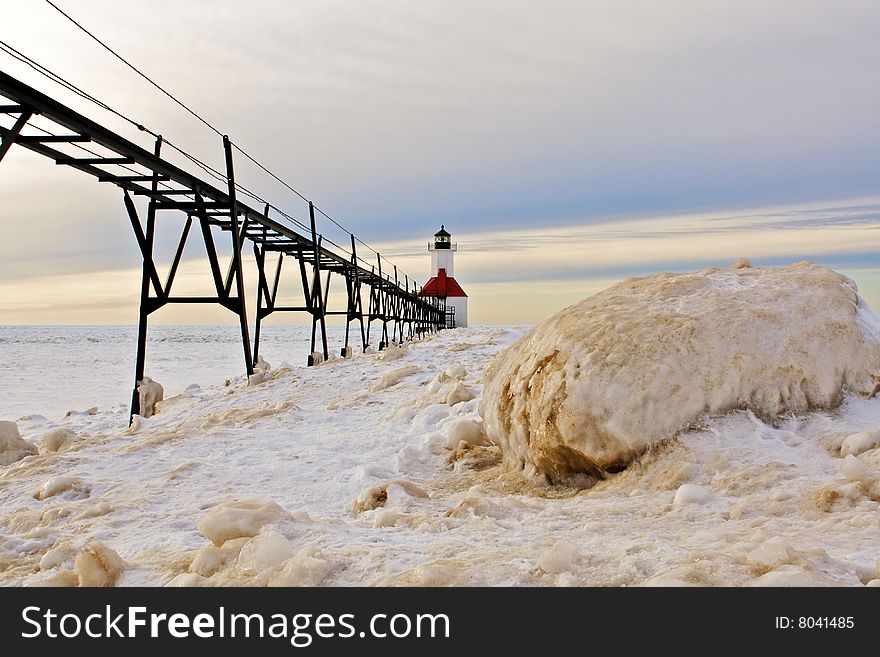 Lighthouse with Ice and Snow foreground. Lighthouse with Ice and Snow foreground