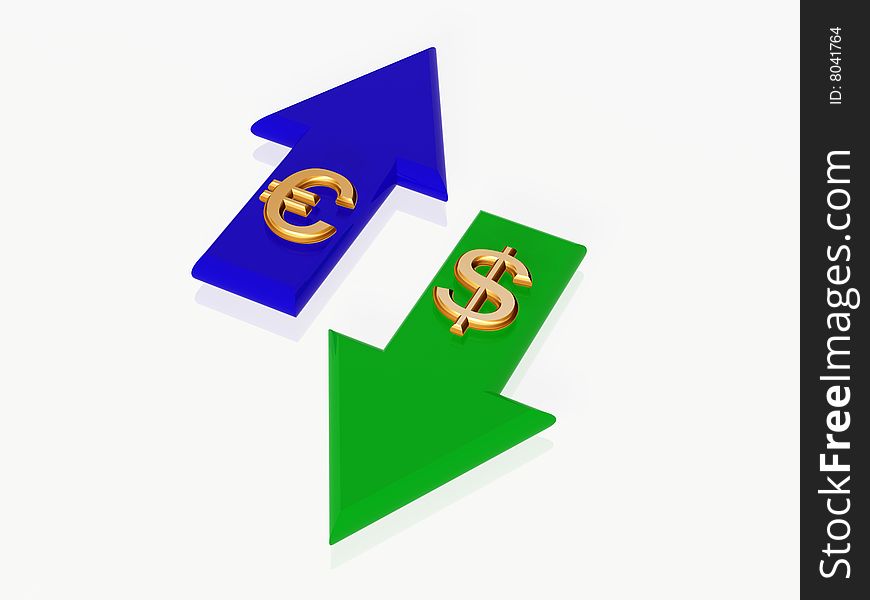 Two 3d golden dollar and euro signs with blue and green arrows. Two 3d golden dollar and euro signs with blue and green arrows