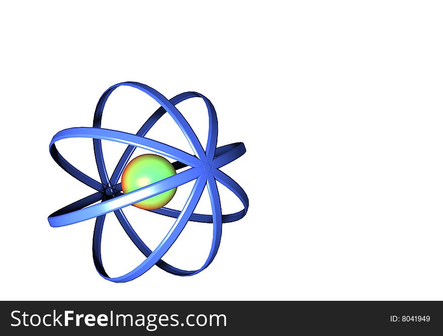 A Design in the shape of an atom with a set of circles intersecting each other and a core in the middle. A Design in the shape of an atom with a set of circles intersecting each other and a core in the middle