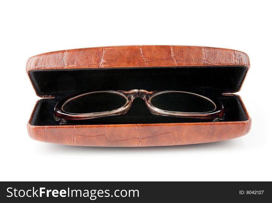 Glasses in the case isolated over white background