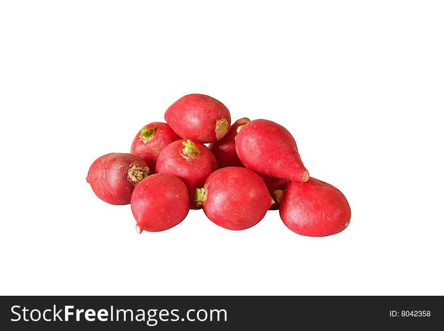 Pile of red radishes against a white background