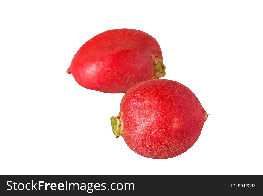 Two red radishes against a white background