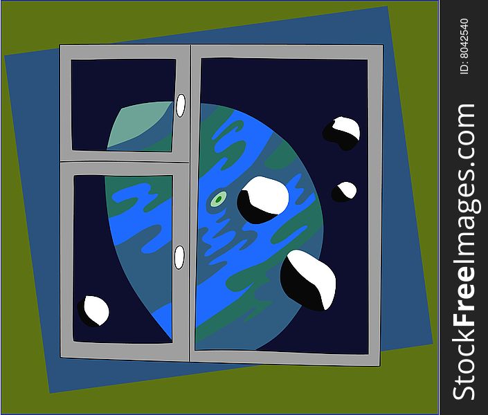 The window image, behind a window a planet with set of companions, planet atmosphere. The window image, behind a window a planet with set of companions, planet atmosphere