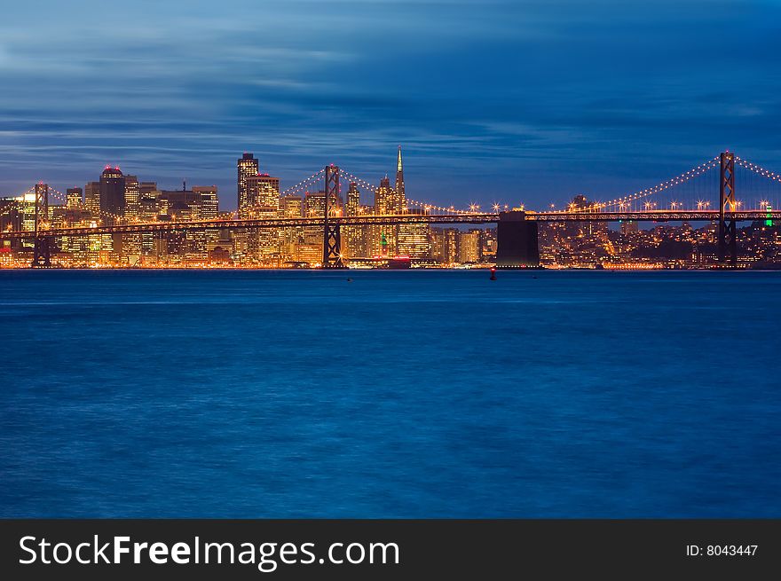 San Francisco and Bay Bridge at night