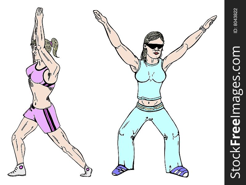 Two poses of aerobic girl in vector illustration