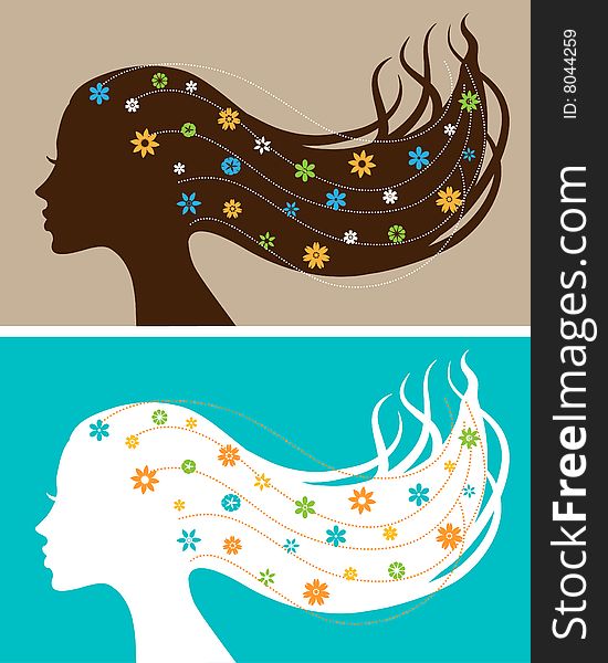 Vector silhouette of female head with flowers in her hairs. Vector silhouette of female head with flowers in her hairs