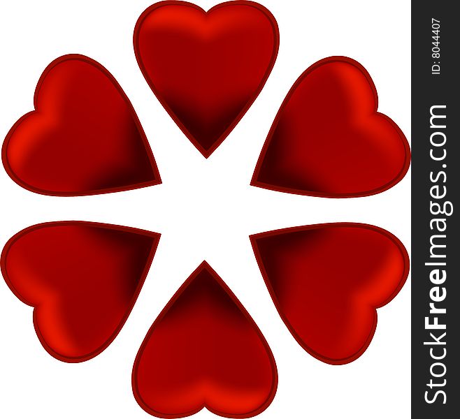 Six red heart on white