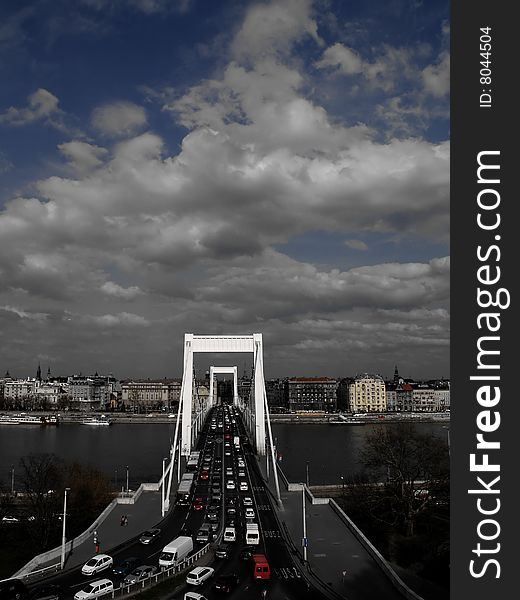 City of Budapest. Bridge over the Danube. Half desaturated.