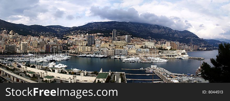 Monte Carlo harbour panorama with clouds