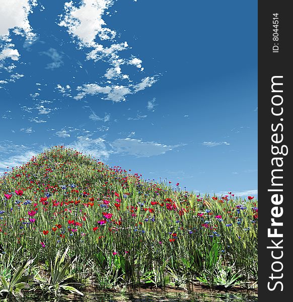 Beautiful field of flowers. 3d image. Beautiful field of flowers. 3d image