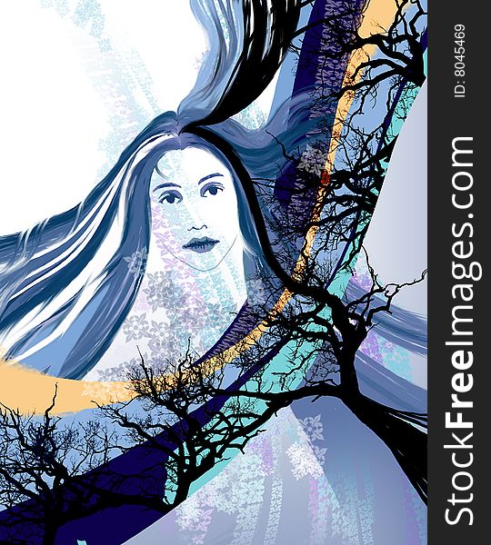 Girl's face against dark blue strips and trees. Girl's face against dark blue strips and trees