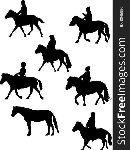 Illustration with horsemen and single horse silhouettes on white background. Illustration with horsemen and single horse silhouettes on white background