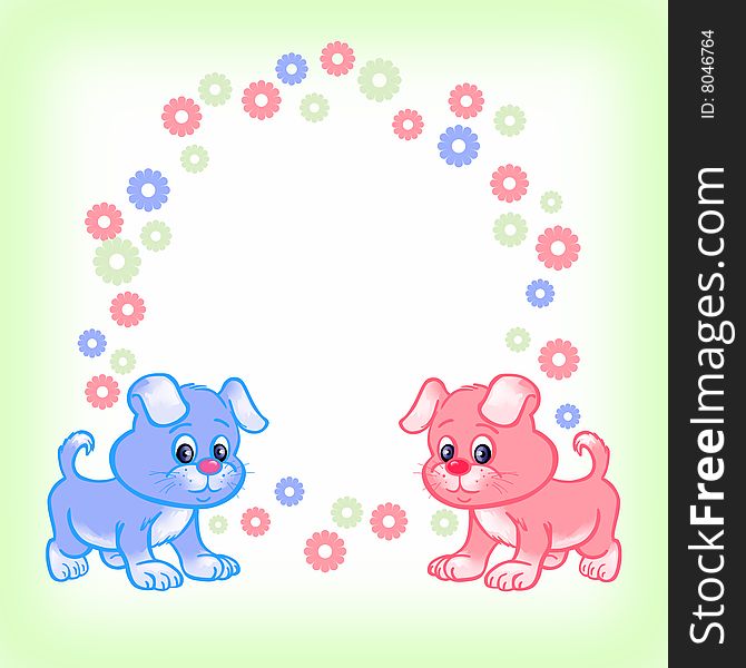 Bright child's  card with two  puppies. Bright child's  card with two  puppies