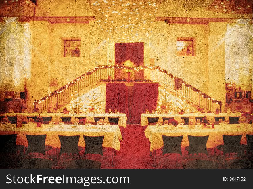 Old large hall for wedding banquet retro look